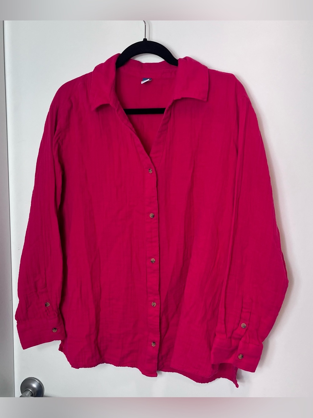 Old‎ Navy Womens Large Carousel Pink Cotton Gauze Demi Shirt Button Down V-Neck